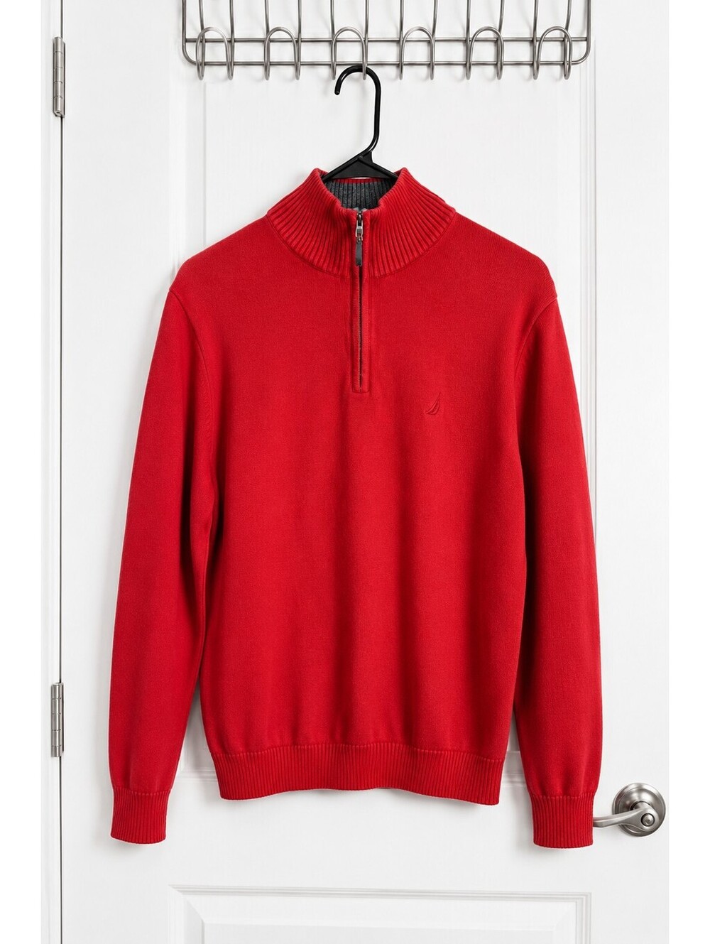 Nautica Red Quarter Zip Sweater Pullover Mock Neck Long Sleeve Classic Casual